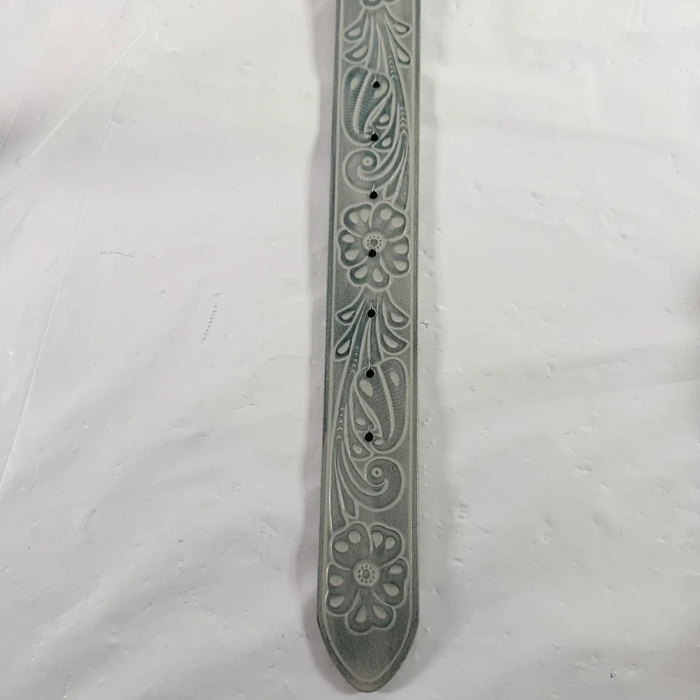 Kacey Lee Middle of Nowhere Blue Western Floral Tooled Leather Belt Womens S/M